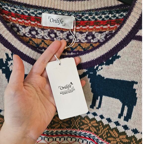 NWT! Orilife Oversized Baggy Beige Cotton & Wool Blend Reindeer Sweater - Picture 7 of 9